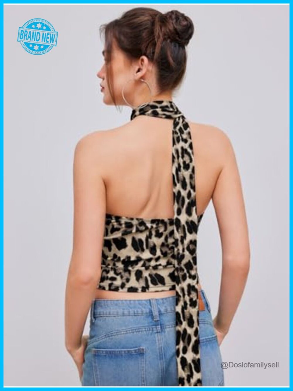 Leopard Print Strapless Tube Top Ruched Crop Top with Scarf - Picture 2 of 6